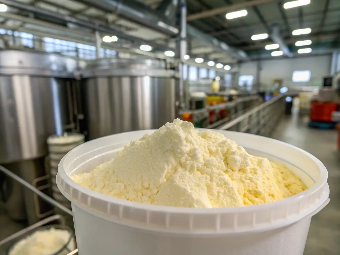 A container of egg powder with a manufacturing facility in the background, used to showcase Hutaib Poultry Products' egg powder.