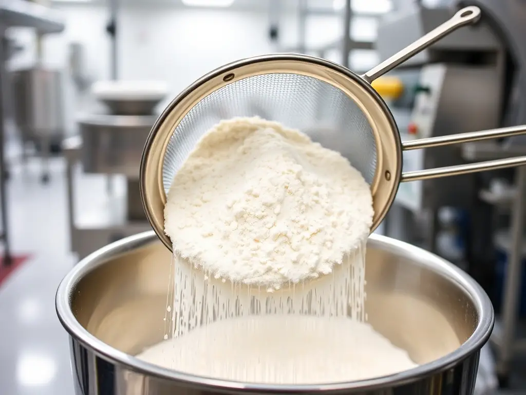 A high-quality image of egg powder being sifted, highlighting its fine texture and versatility, in a modern food processing facility.