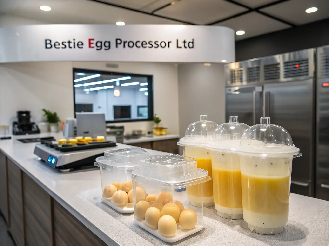 A professionally lit photo of liquid pasteurized eggs being poured into a container, showcasing their smooth texture and consistent quality, in a sterile processing environment.